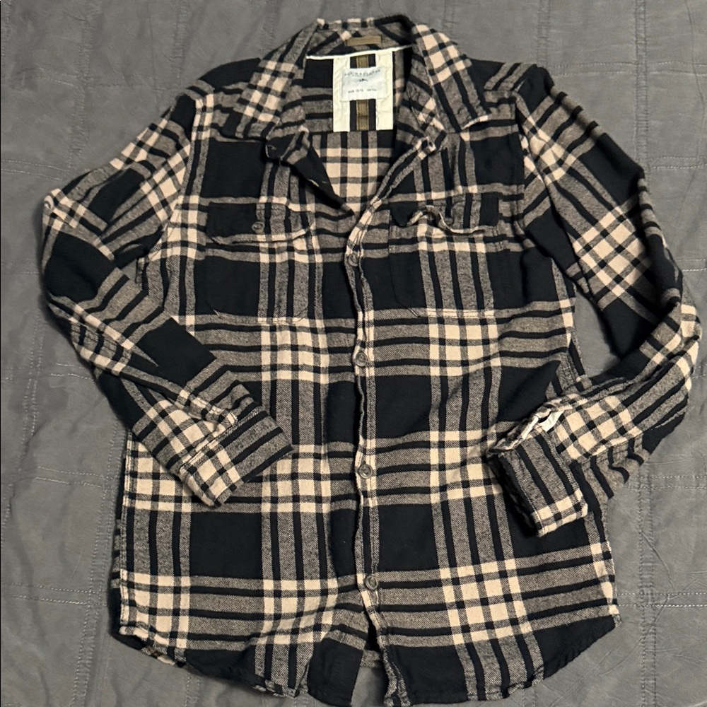 Black and Cream Plaid Button-Up Shirt